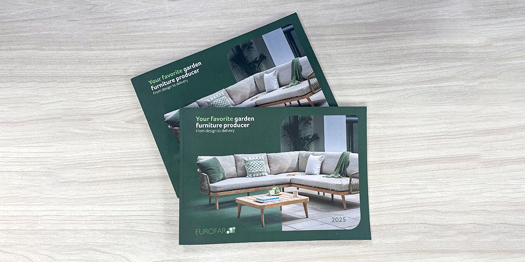 Eurofar 2025 outdoor furniture catalog cover featuring garden sofa set, produced by Greenwind