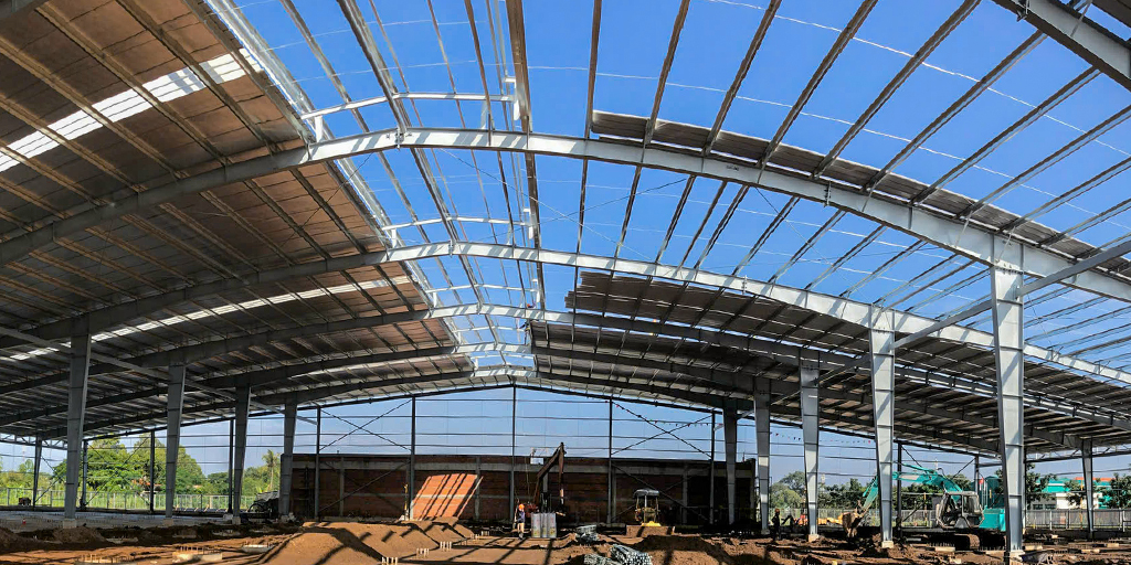 Steel frame construction of Greenwind's outdoor furniture factory roof structure in Vietnam